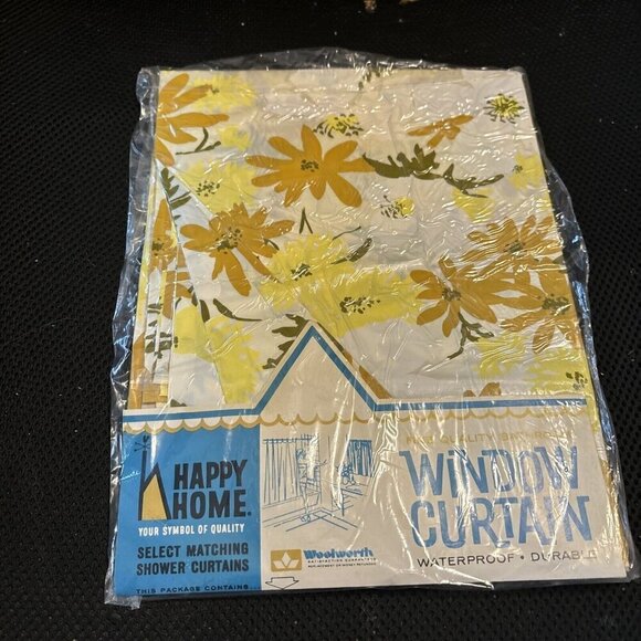 Vtg 1960's Vinyl Window Curtain Sierra Yellow 66 x 45 Inch Happy Home Woolworth - Picture 2 of 9